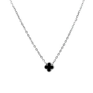 Petite Silver Black Onyx Clover Necklace Double Sided